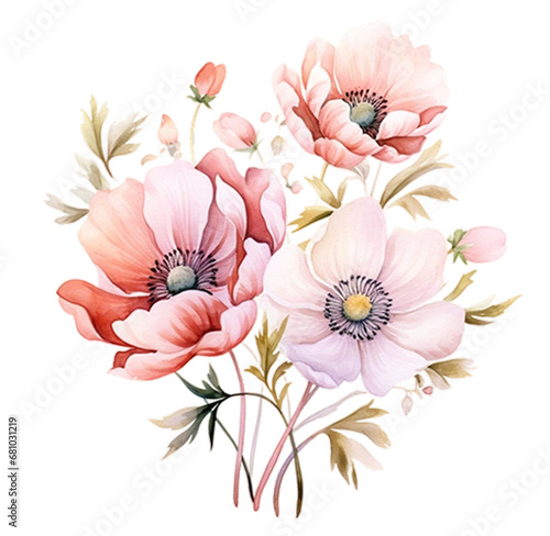 Pink Orchid watercolor flower on white background. Tropical flowers isolated Floral elements collection sets, bundles, bouquets with wildflowers, a bird on flowers