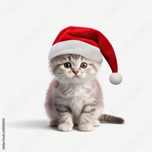 Kitten in Santa Claus xmas red hat on white background.