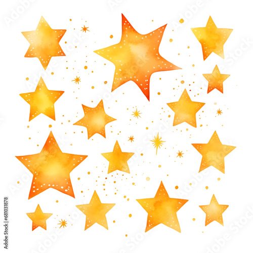 Golden yellow Hand drawn cute watercolor stars pattern isolated on transparent background