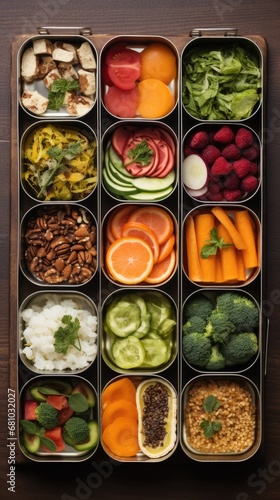 Image of various of Healthy lunch boxes, bento packed set, clean food meal, top view. Diet food delivery concept.