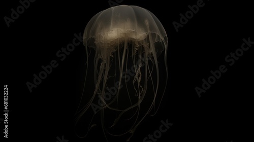  a close up of a jellyfish on a black background with a light in the middle of the jellyfish s head and the bottom of it s head.