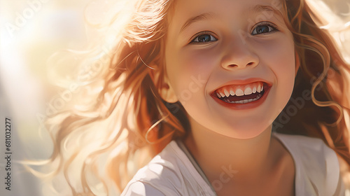 Young girl smiling showing her tooth looking happy, ai technology