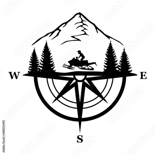 Snowmobile in the Forest and Mountain, Compass, Hand Drawn Vector Illustration