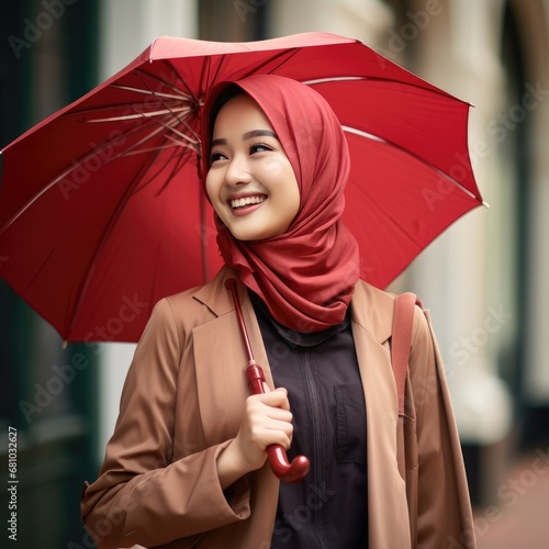 asian women wearing hijab with smiling face wearing red blazer holding umbrella in a sunny day