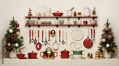  a shelf filled with christmas dishes and utensils next to a christmas tree and a christmas tree with red and green trimmings and a gold ornament.