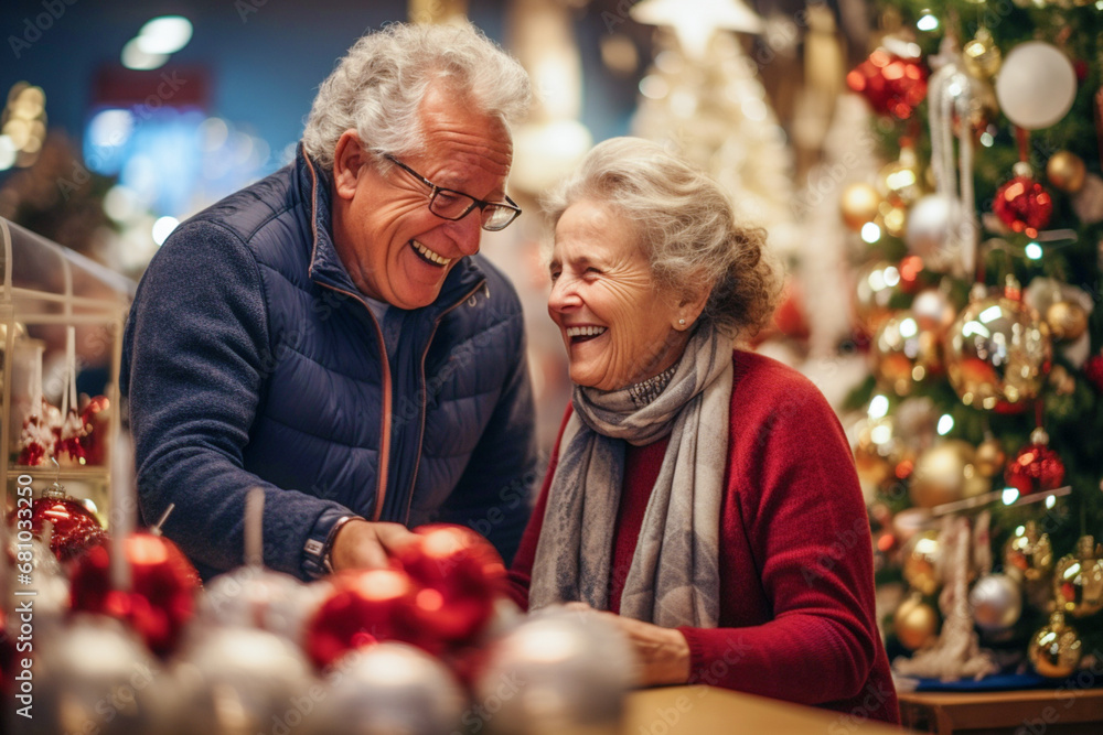 A sweet and happy married couple of pensioners are laughing and having fun choosing and buying gifts for celebrating Christmas A sweet and happy married couple of pensioners are laughing and having fun choosing and buying gifts for celebrating Christmas