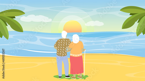 Senior old loving couple looking at sunset during romantic dating on seaside