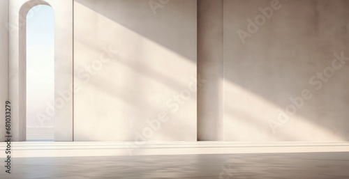 Futuristic beige interior mockup. Surreal view. Textured empty wall with overlay shadow effect. Empty podium, display, for product presentation. Minimal background. Generative ai.