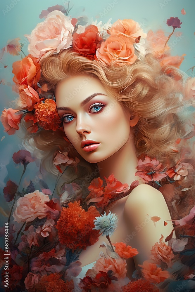 AI ritratto di giovane donna con fiori colorati, acquerello 08