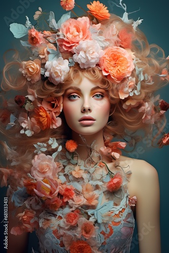 AI ritratto di giovane donna con fiori colorati, acquerello 01 photo