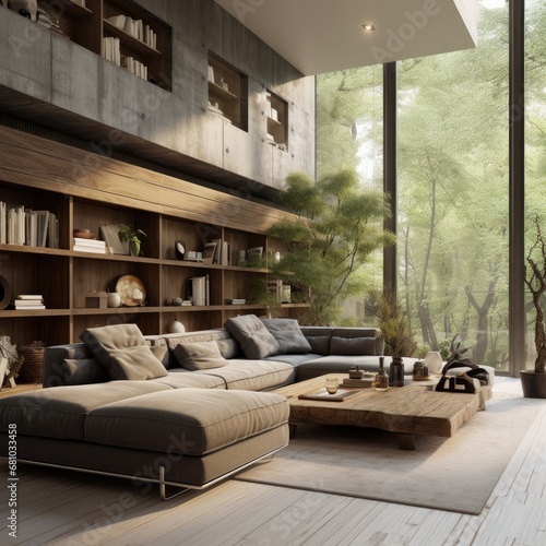 shelf brutalise style living room with natural lighting photo