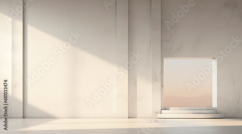 Futuristic beige interior mockup. Surreal view. Textured empty wall with overlay shadow effect. Empty podium  display  for product presentation. Minimal background. Generative ai.