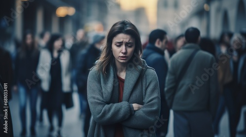 caucasian woman experiencing panic attack in public crowded place. Neural network generated in May 2023. Not based on any actual person, scene or pattern