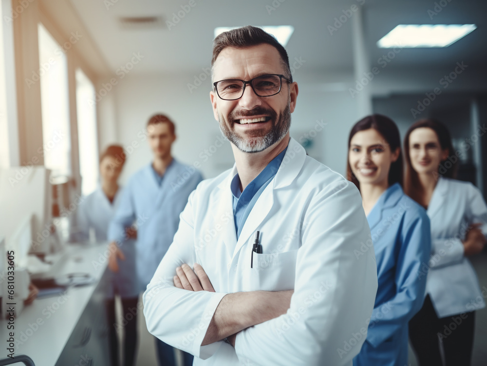 Portrait Of Smiling Middle age Dentist male Doctor At Workplace, Handsome man Standing With colleagues In Modern Clinic Interior