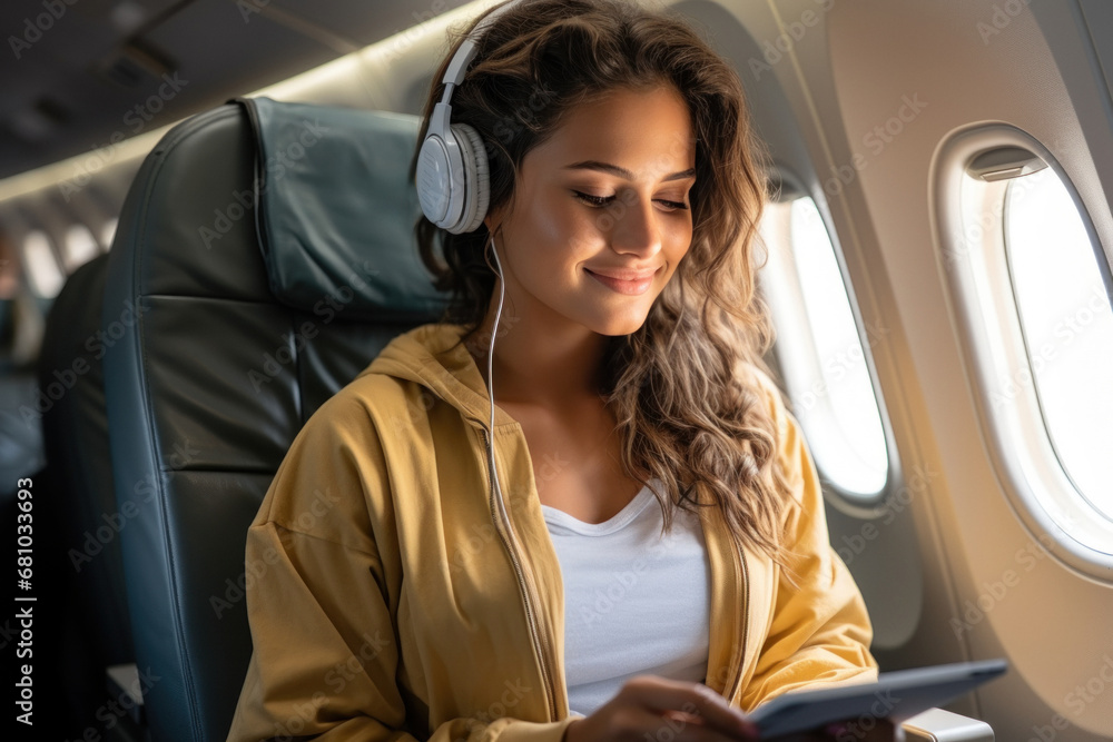 Fototapeta premium Caucasian woman sits in an airplane seat during a flight and looks through the porthole