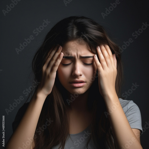 Young woman have headache on grey background, ai technology © Rashid
