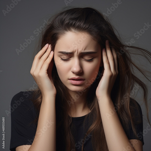 Young woman have headache on grey background, ai technology