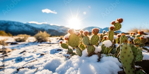 Close-up of cacti unexpectedly covered in snow in the desert , concept of Ephemeral beauty © koldunova