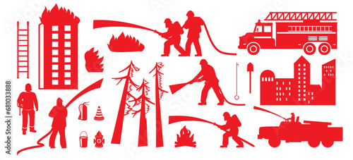 Firefighter, fire engine and burning forest, house red silhouette set