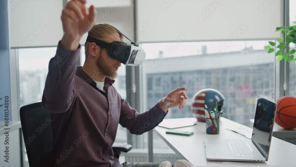 custom made wallpaper toronto digitalVr man touching hands interactive world at workplace. Programmer testing 3d game