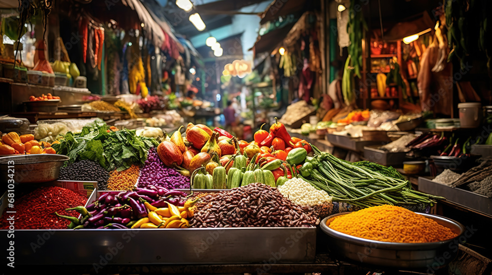 Beautiful Picture Showing a Lively Traditional Market Full of Colorful Fresh Vegetables, Juicy Fruits, and Aromatic Spices, Capturing the Rich Essence of Both Food and Culture - obrazy, fototapety, plakaty 