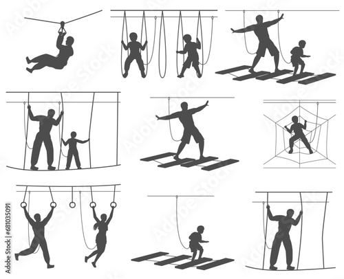 People at rope park entertainment balck-and-white silhouette isolated set