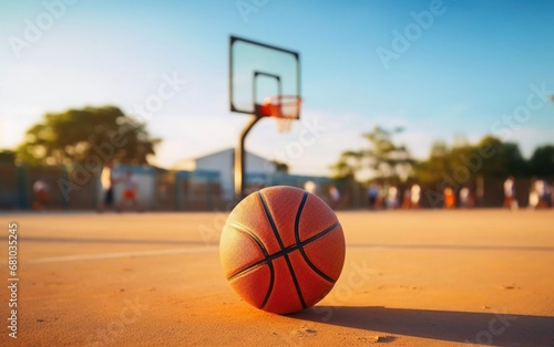 Realistic photo of basketball outdoors, with blurred background. generative ai