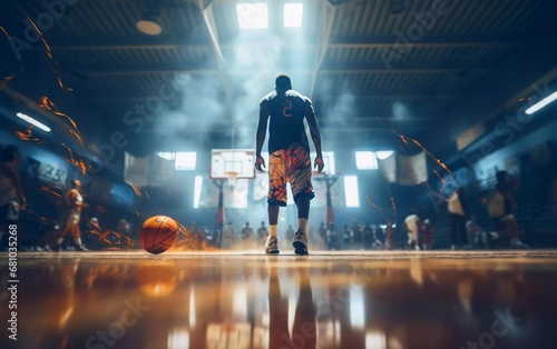 Realistic photo of basketball indoors, with blurred background. generative ai