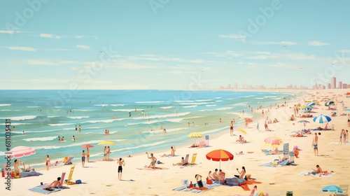 Tropical beach resort in watercolor, aerial view captures ocean, palm trees, and people enjoying summer holiday. © Damerfie