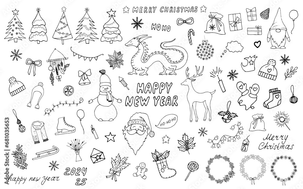 Large winter collection for Christmas and New Year. Symbol of 2024 is Dragon. Winter holiday attributes Santa, snowman, gifts, Christmas trees, wreaths. Various hand drawn doodle Christmas elements. Large winter collection for Christmas and New Year. Symbol of 2024 is Dragon. Winter holiday attributes Santa, snowman, gifts, Christmas trees, wreaths. Various hand drawn doodle Christmas elements.