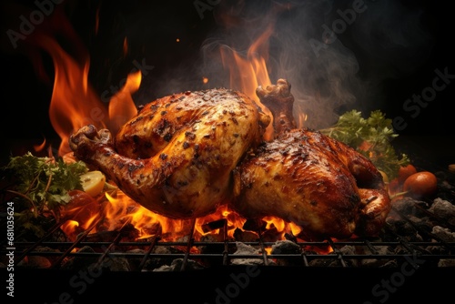 Roasted turkey and chicken on the grill background. photo