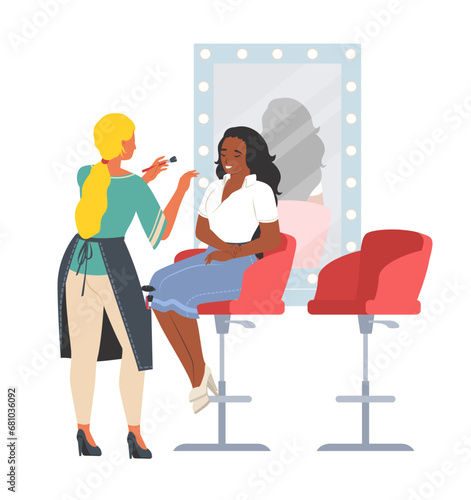 Makeup artist serving client at studio vector illustration