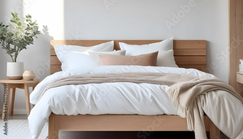 Close up of wooden bed with white and pastel beige bedding against window. Sunny morning mood. Scandinavian interior design of modern bedroom.