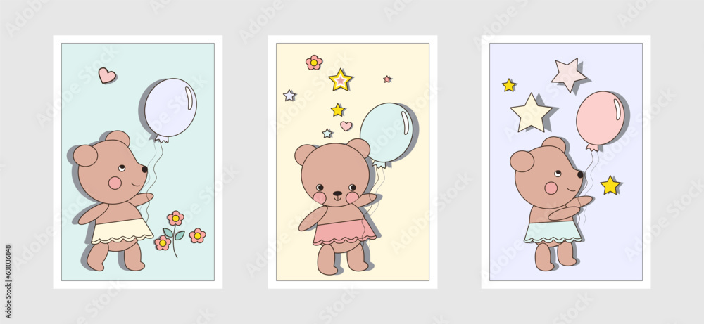 Greeting cards birthdays, baby shower. Set, collection. Vector illustration. Greeting card design, template. Child, kids. Baby shower invitation. Cute bear with balloon , flowers, stars, heart Greeting cards birthdays, baby shower. Set, collection. Vector illustration. Greeting card design, template. Child, kids. Baby shower invitation. Cute bear with balloon , flowers, stars, heart