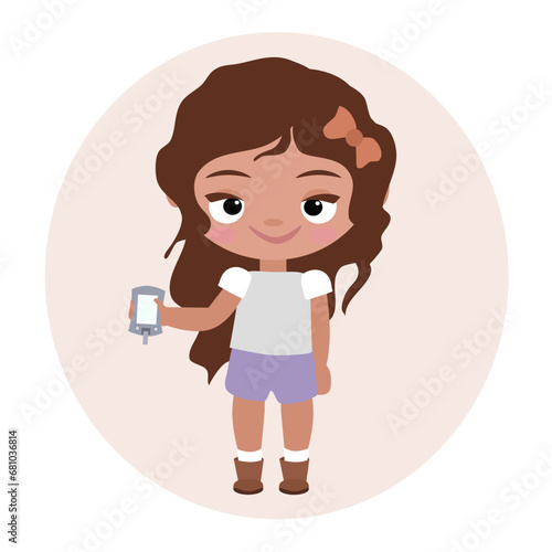 Diabetes patient girl. Diabetic. Girl with glucose meter, monitor. Diabetic concept. Children, kids. Banner, web, icon, e-commerce, advertise, merchandise.Type 1 diabetes, type 2. Cartoon woman 