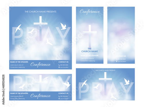 Christian religious Pray design. Church flyer. Celebrate the Risen Savior. Christian cross Church conference flyer social media post web banner.