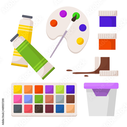 Set of art making tools including brushes, pallets, palettes, easel and canvas flat design illustration, in the style of colorful figures, wood sculptor, impressionist colorism. Artists tools set