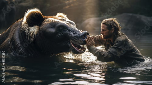 Wildlife Protector, A Kind-hearted Person Dedicated to Caring for, Preserving, and Protecting Animals, Tenderly Helping an Injured Creature in the Heart of Nature's Safe Haven photo