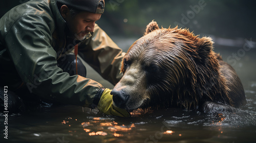 Guardian of Wildlife, a Compassionate Individual Devoted to Nurturing, Conservating, and Shielding Animals, Gently Assisting a Wounded Being in the Core of Nature's Sanctuary