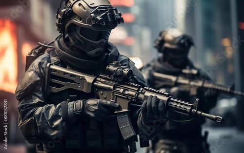 Realistic photo of special forces soldiers with high-tech weapons. generative ai © KBL Sungkid