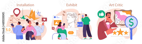 Museum or art gallery exhibition set. Visitors exploring diverse artworks. Curator guiding a excursion with interactive displays. Contemporary and classic art installation. Flat vector illustration