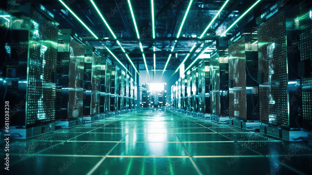The Bright Cryptography Hub, A Cool Server Room of the Future with a Big Computer Setup Glowing in Stunning Lights