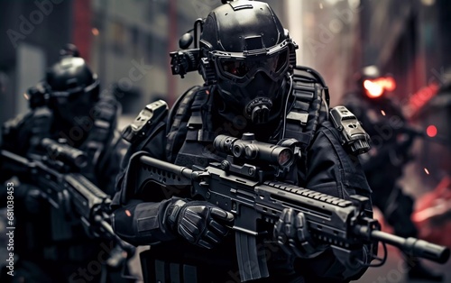 Realistic photo of special forces soldiers with high-tech weapons. generative ai photo