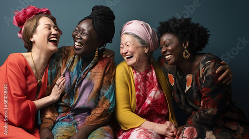 The Splendid Symphony of Diverse Ethnice, A Captivating Portrait of Joyful Swomanhood, where Beauty Unites a Group of People in Shared Laughter and Unbridled Happiness