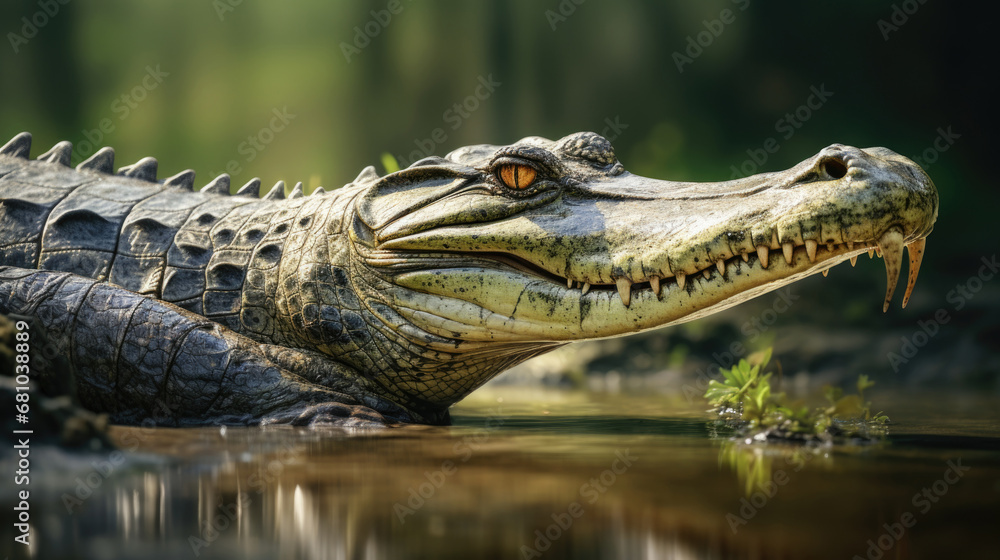 Obraz premium Majestic croc rests by riverbank amidst vibrant jungle scenery