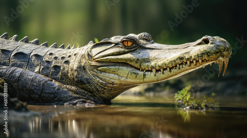 Majestic croc rests by riverbank amidst vibrant jungle scenery