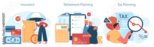 Financial planning set. Key aspects of financial security: insurance, retirement, and tax planning. Strategic steps to future prosperity. Flat vector illustration
