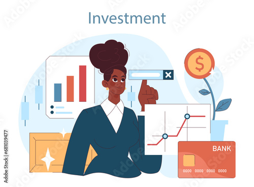 Financial planning. Expert guiding through investment options for wealth growth. Strategic asset allocation and market analysis. Flat vector illustration