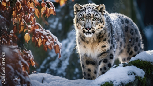 Majestic snow leopard traversing its natural snowy terrain