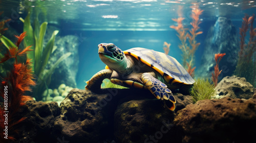 Aquatic turtle, thriving in apartment living, cared for in a home aquarium photo